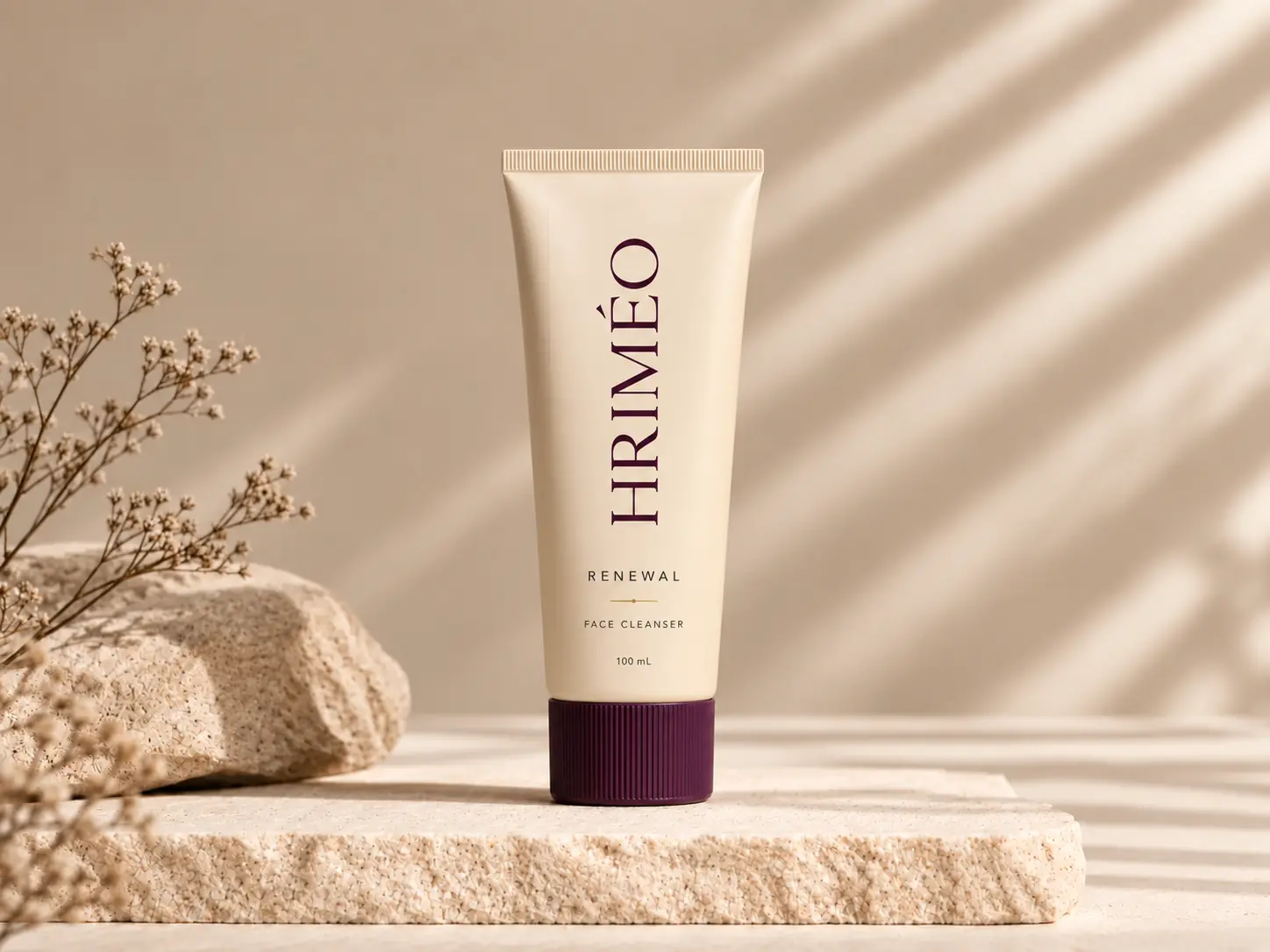 HRIMÉO Renewal Face Cleanser in a warm beige tube with an aubergine ribbed cap