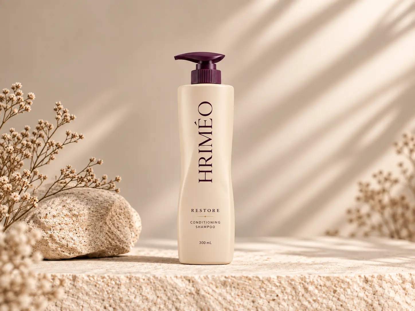 HRIMÉO Restore Conditioning Shampoo in a warm beige pump bottle with an aubergine pump