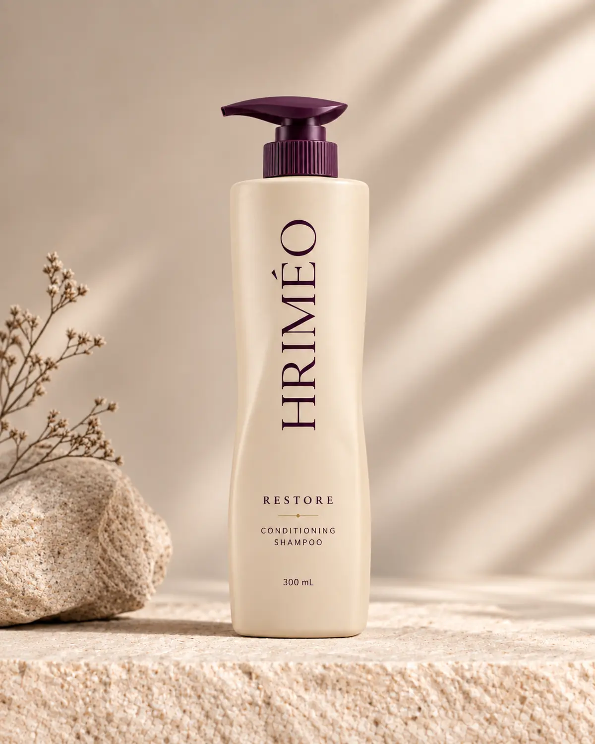 HRIMÉO Restore Conditioning Shampoo in a warm beige pump bottle with an aubergine pump
